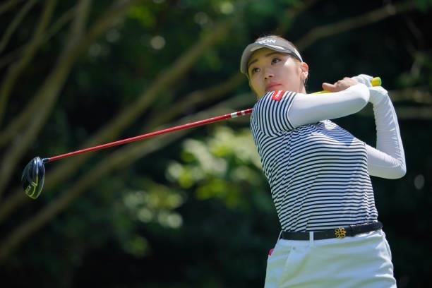 Ayano Yasuda of Japan hits her tee shot on the 18th hole during the first round of Rakuten Super Ladies at Tokyu Grand Oak Golf Club on July 29, 2021...