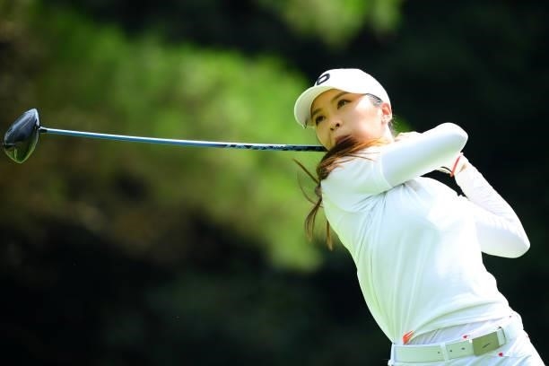 Erika Kikuchi of Japan hits her tee shot on the 9th hole during the first round of Rakuten Super Ladies at Tokyu Grand Oak Golf Club on July 29, 2021...