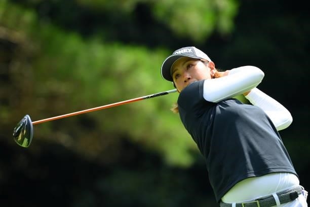 Maiko Wakabayashi of Japan hits her tee shot on the 9th hole during the first round of Rakuten Super Ladies at Tokyu Grand Oak Golf Club on July 29,...
