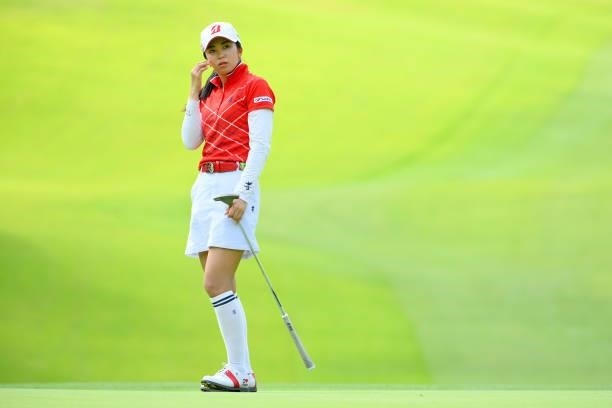 Kotone Hori of Japan reacts after a putt on the 15th green during the first round of Rakuten Super Ladies at Tokyu Grand Oak Golf Club on July 29,...