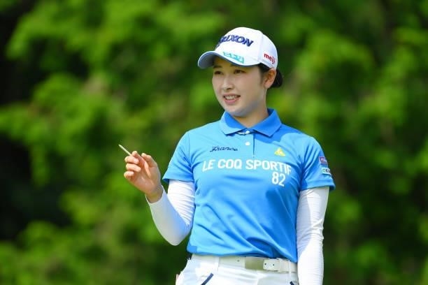 Sakura Koiwai of Japan reacts after her tee shot on the 17th hole during the first round of Rakuten Super Ladies at Tokyu Grand Oak Golf Club on July...