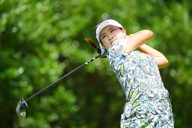 Yui Kawamoto of Japan hits her tee shot on the 2nd hole during the first round of Rakuten Super Ladies at Tokyu Grand Oak Golf Club on July 29, 2021...