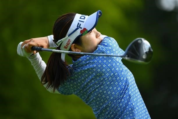 Sumika Nakasone of Japan hits her tee shot on the 14th hole during the first round of Rakuten Super Ladies at Tokyu Grand Oak Golf Club on July 29,...