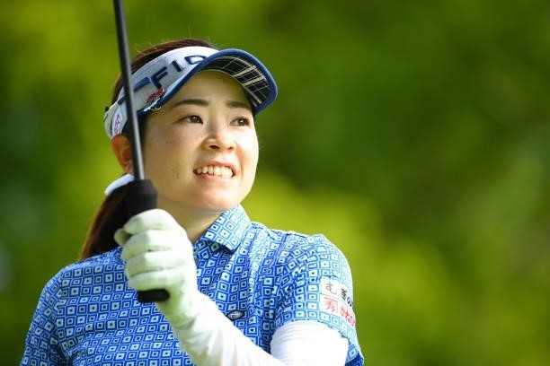 Sumika Nakasone of Japan reacts after her tee shot on the 14th hole during the first round of Rakuten Super Ladies at Tokyu Grand Oak Golf Club on...