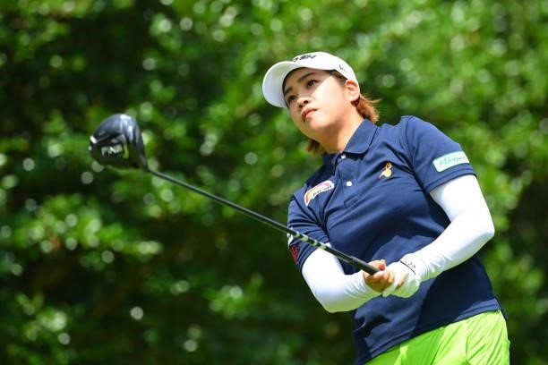 Mayu Hamada of Japan hits her tee shot on the 2nd hole during the first round of Rakuten Super Ladies at Tokyu Grand Oak Golf Club on July 29, 2021...