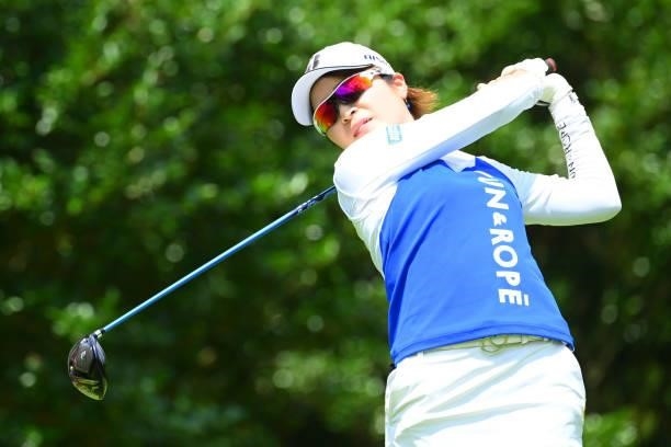 Kana Mikashima of Japan hits her tee shot on the 2nd hole during the first round of Rakuten Super Ladies at Tokyu Grand Oak Golf Club on July 29,...