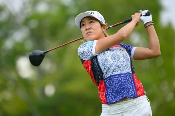 Asako Fujimoto of Japan hits her tee shot on the 10th hole during the first round of Rakuten Super Ladies at Tokyu Grand Oak Golf Club on July 29,...
