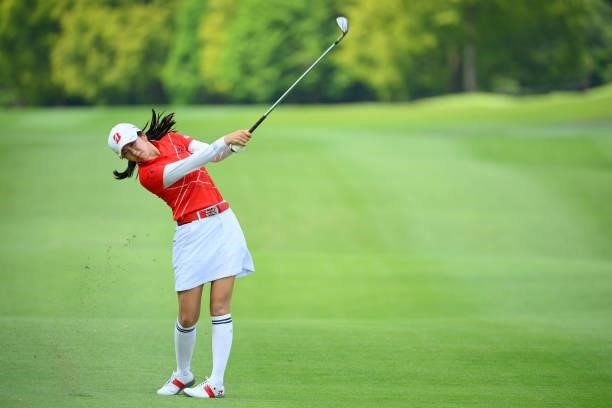 Kotone Hori of Japan hits her third shot on the 18th hole during the first round of Rakuten Super Ladies at Tokyu Grand Oak Golf Club on July 29,...