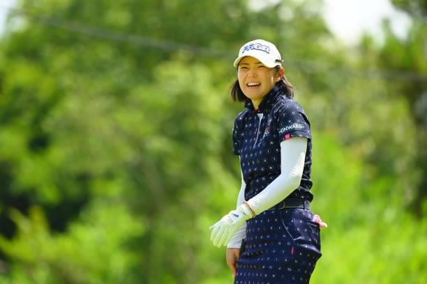 Rie Tsuji of Japan smiles on the 3rd tee during the first round of Rakuten Super Ladies at Tokyu Grand Oak Golf Club on July 29, 2021 in Kato, Hyogo,...