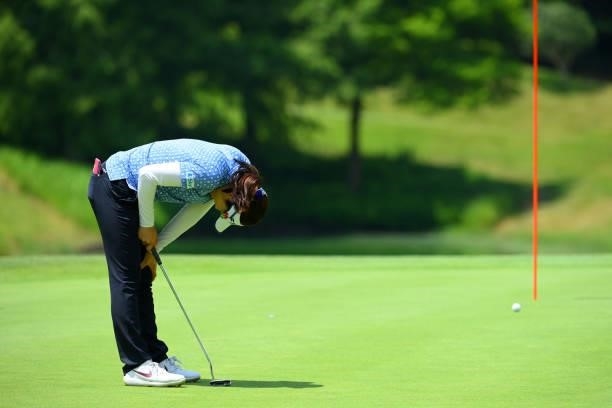 Sumika Nakasone of Japan reacts after a putt on the 8th green during the first round of Rakuten Super Ladies at Tokyu Grand Oak Golf Club on July 29,...