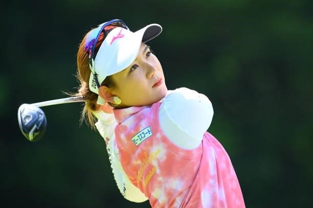 Hikaru Yoshimoto of Japan hits her tee shot on the 8th hole during the first round of Rakuten Super Ladies at Tokyu Grand Oak Golf Club on July 29,...