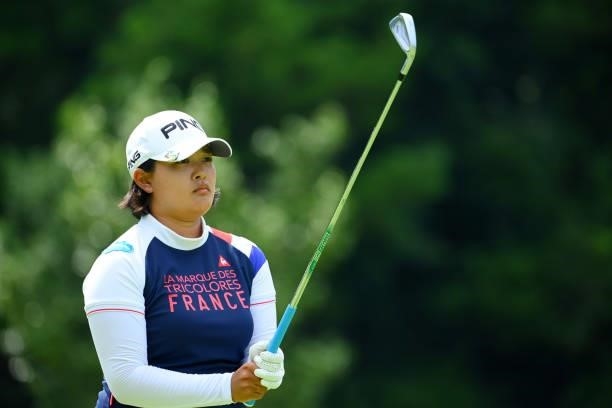 Ai Suzuki of Japan is seen before her tee shot on the 8th hole during the first round of Rakuten Super Ladies at Tokyu Grand Oak Golf Club on July...