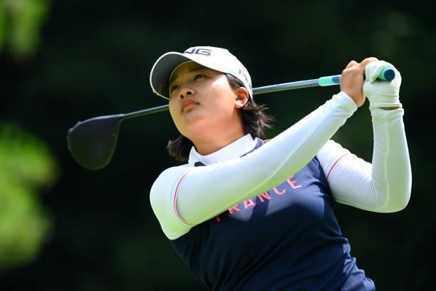Ai Suzuki of Japan hits her tee shot on the 9th hole during the first round of Rakuten Super Ladies at Tokyu Grand Oak Golf Club on July 29, 2021 in...