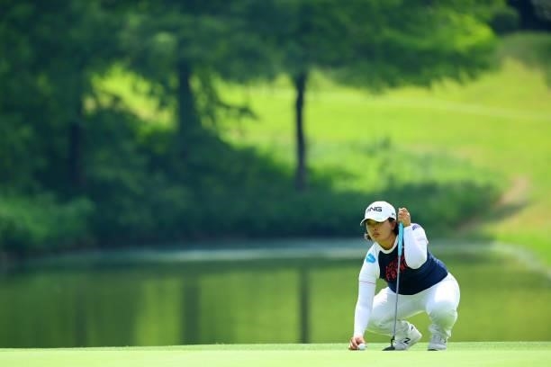 Ai Suzuki of Japan lines up a putt on the 8th green during the first round of Rakuten Super Ladies at Tokyu Grand Oak Golf Club on July 29, 2021 in...