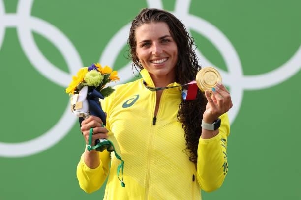 Gold medalist Jessica Fox of Team Australia celebrates during the medal ceremony following the Women's Canoe Slalom Final on day six of the Tokyo...
