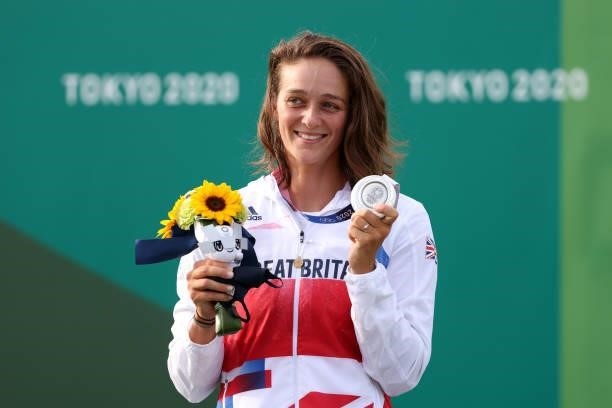 Silver medalist Mallory Franklin of Team Great Britain celebrates at the medal ceremony following the Women's Canoe Slalom Final on day six of the...