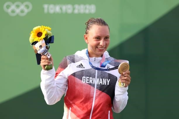 Bronze medalist Andrea Herzog of Team Germany celebrates at the medal ceremony following the Women's Canoe Slalom Final on day six of the Tokyo 2020...