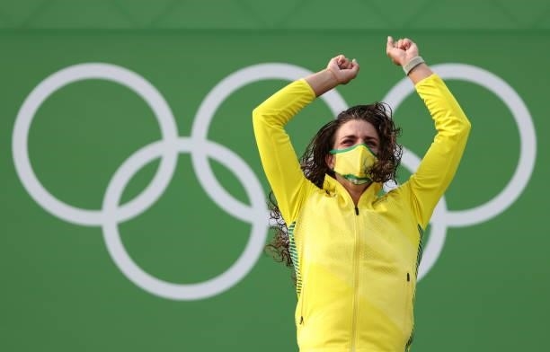 Gold medalist Jessica Fox of Team Australia celebrates during the medal ceremony following the Women's Canoe Slalom Final on day six of the Tokyo...