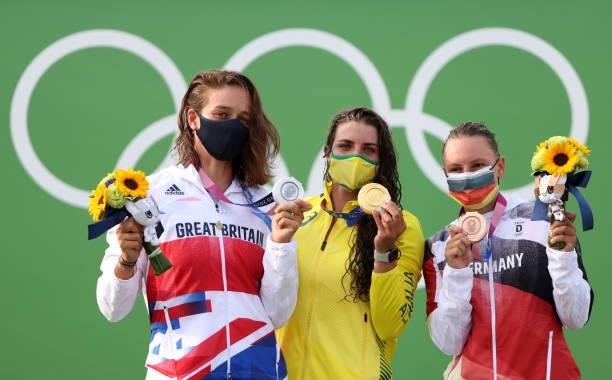Silver medalist Mallory Franklin of Team Great Britain, gold medalist Jessica Fox of Team Australia and bronze medalist Andrea Herzog of Team Germany...
