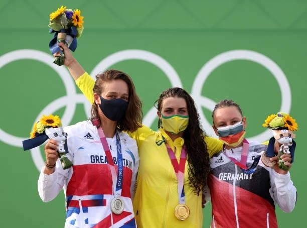 Silver medalist Mallory Franklin of Team Great Britain, gold medalist Jessica Fox of Team Australia and bronze medalist Andrea Herzog of Team Germany...