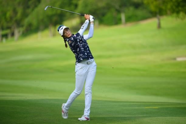 Erika Hara of Japan hits her second shot on the 10th hole during the first round of Rakuten Super Ladies at Tokyu Grand Oak Golf Club on July 29,...