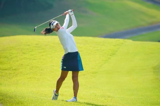 Kokone Yoshimoto of Japan hits her second shot on the 16th hole during the first round of Rakuten Super Ladies at Tokyu Grand Oak Golf Club on July...