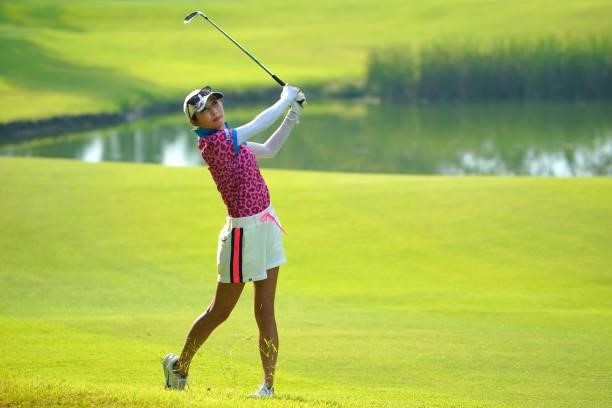 Kumiko Kaneda of Japan hits her second shot on the 16th hole during the first round of Rakuten Super Ladies at Tokyu Grand Oak Golf Club on July 29,...