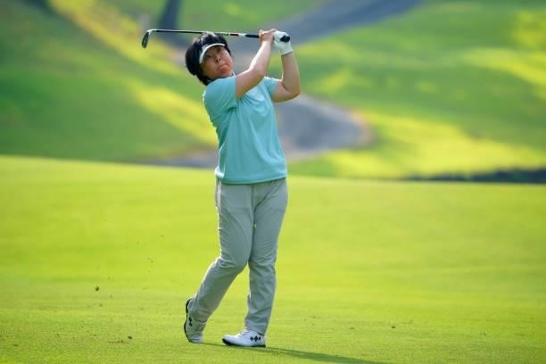 Yuri Fudo of Japan hits her second shot on the 16th hole during the first round of Rakuten Super Ladies at Tokyu Grand Oak Golf Club on July 29, 2021...
