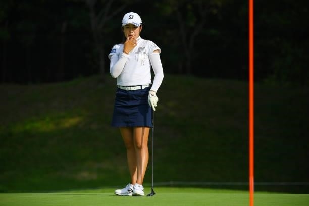 Mone Inami of Japan lines up a putt on the 11th green during the first round of Rakuten Super Ladies at Tokyu Grand Oak Golf Club on July 29, 2021 in...