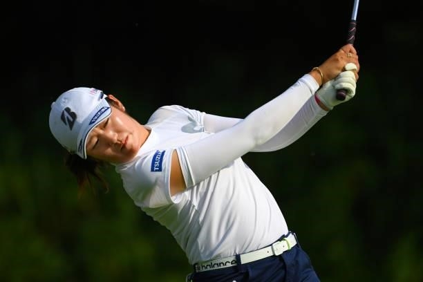 Mone Inami of Japan hits her tee shot on the 12th hole during the first round of Rakuten Super Ladies at Tokyu Grand Oak Golf Club on July 29, 2021...