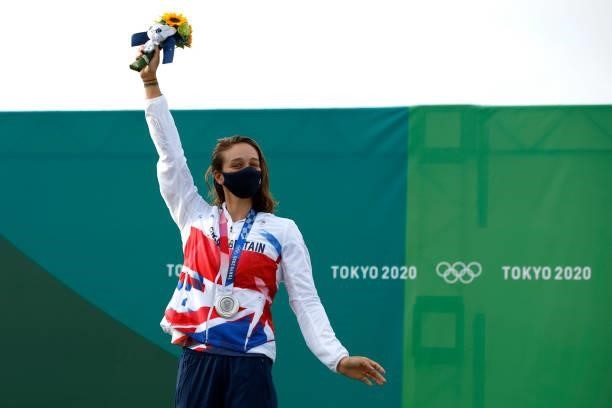 Silver medalist Mallory Franklin of Team Great Britain celebrates at the medal ceremony following the Women's Canoe Slalom Final on day six of the...