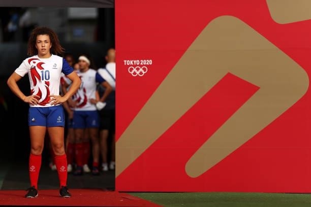 Caroline Drouin of Team France prepares to take the field in the Women’s pool B match between Team France and Team Brazil during the Rugby Sevens on...