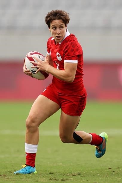 Ghislaine Landry of team Canada runs the ball in the Women’s pool B match between Team France and Team Brazil during the Rugby Sevens on day six of...