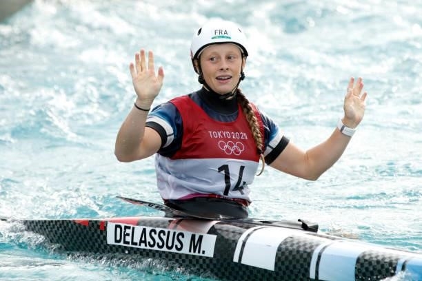 Marjorie Delassus of Team France reacts after her run in the Women's Canoe Slalom Final on day six of the Tokyo 2020 Olympic Games at Kasai Canoe...