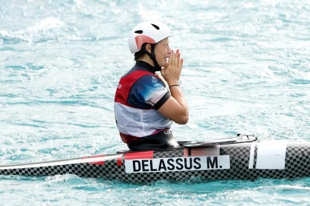 Marjorie Delassus of Team France reacts after her run in the Women's Canoe Slalom Final on day six of the Tokyo 2020 Olympic Games at Kasai Canoe...