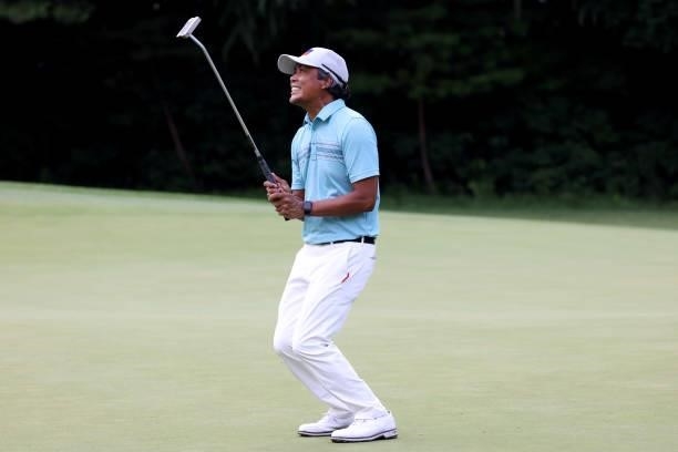 Juvic Pagunsan of Team Philippines reacts to a missed birdie on the 17th green during the first round of the Men's Individual Stroke Play on day six...