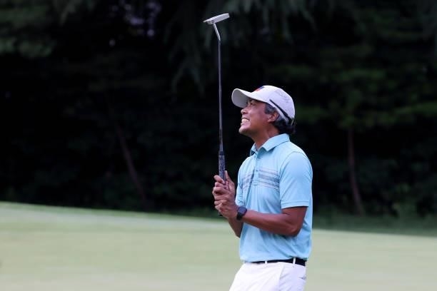 Juvic Pagunsan of Team Philippines reacts to a missed birdie on the 17th green during the first round of the Men's Individual Stroke Play on day six...