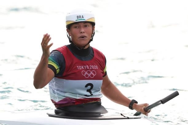 Ana Satila of Team Brazil reacts after her run in the Women's Canoe Slalom Final on day six of the Tokyo 2020 Olympic Games at Kasai Canoe Slalom...
