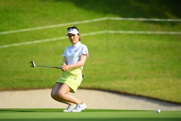 Yuna Nishimura of Japan reacts after a putt on the 10th green during the first round of Rakuten Super Ladies at Tokyu Grand Oak Golf Club on July 29,...