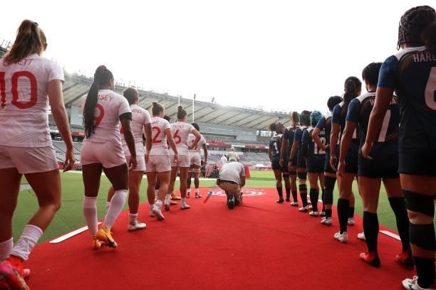 Team United States and Team Japan prepare to run out for the Women’s pool C match between Team United States and Team Japan during the Rugby Sevens...