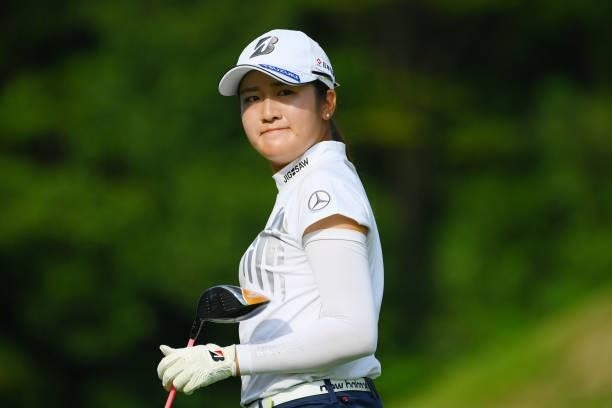 Mone Inami of Japan reacts after her tee shot on the 11th hole during the first round of Rakuten Super Ladies at Tokyu Grand Oak Golf Club on July...