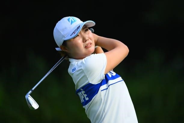 Sayaka Takahashi of Japan hits her tee shot on the 12th hole during the first round of Rakuten Super Ladies at Tokyu Grand Oak Golf Club on July 29,...