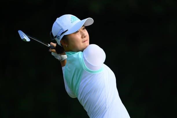 Haruka Morita of Japan hits her tee shot on the 12th hole during the first round of Rakuten Super Ladies at Tokyu Grand Oak Golf Club on July 29,...