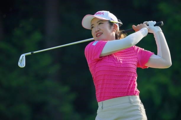 Nanoko Hayashi of Japan hits her tee shot on the 17th hole during the first round of Rakuten Super Ladies at Tokyu Grand Oak Golf Club on July 29,...