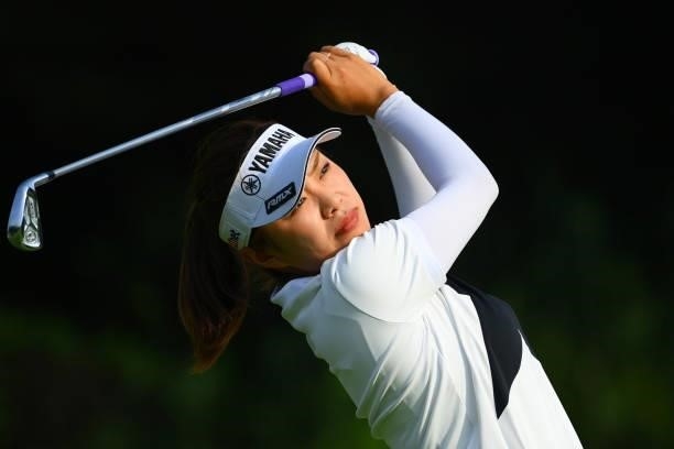 Maria Shinohara of Japan hits her tee shot on the 12th hole during the first round of Rakuten Super Ladies at Tokyu Grand Oak Golf Club on July 29,...