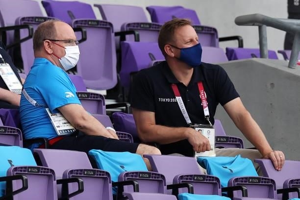Prince Albert II of Monaco and World Rugby CEO Alan Gilpin watch on from the stands in the Women’s pool C match between Team United States and Team...