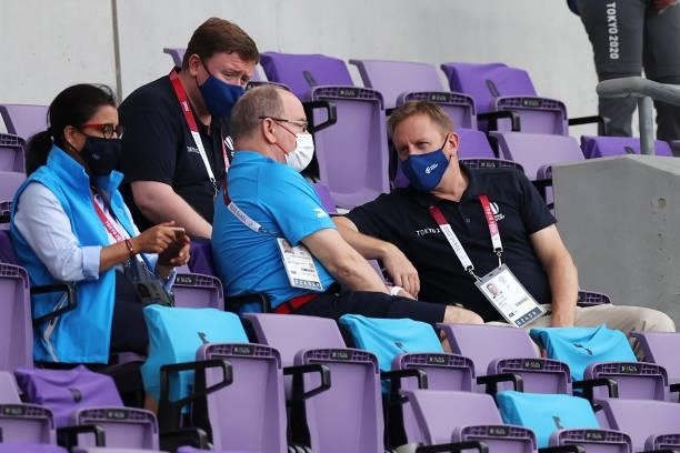 Prince Albert II of Monaco and World Rugby CEO Alan Gilpin watch on from the stands in the Women’s pool C match between Team United States and Team...