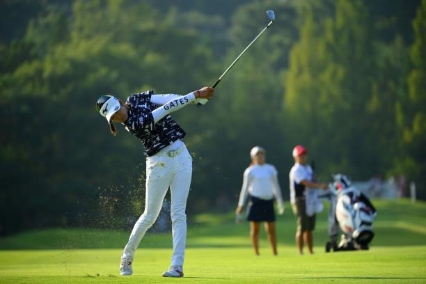 Erika Hara of Japan hits her second shot on the 14th hole during the first round of Rakuten Super Ladies at Tokyu Grand Oak Golf Club on July 29,...