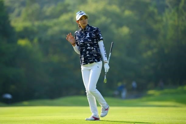 Erika Hara of Japan reacts after her second shot on the 14th hole during the first round of Rakuten Super Ladies at Tokyu Grand Oak Golf Club on July...