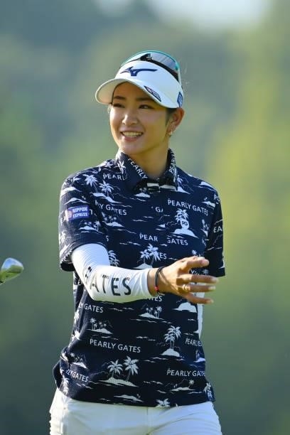 Erika Hara of Japan reacts after her second shot on the 14th hole during the first round of Rakuten Super Ladies at Tokyu Grand Oak Golf Club on July...